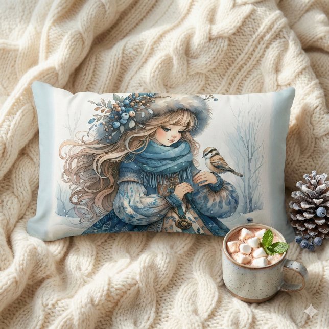 Almofada Lombar Rapariga de inverno com pássaro na Casaco azul (Winter Girl with Bird in Blue Floral Coat Lumbar Pillow Mockup A)