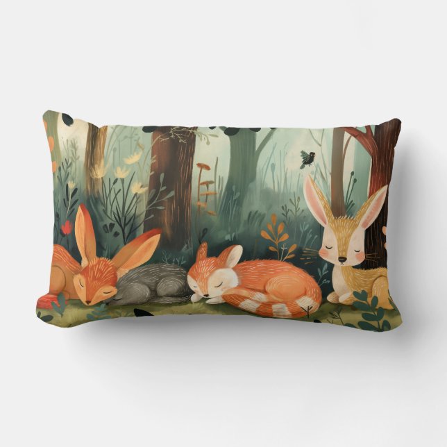 Almofada Lombar Raposa e coelhos dormindo na floresta (Frente)