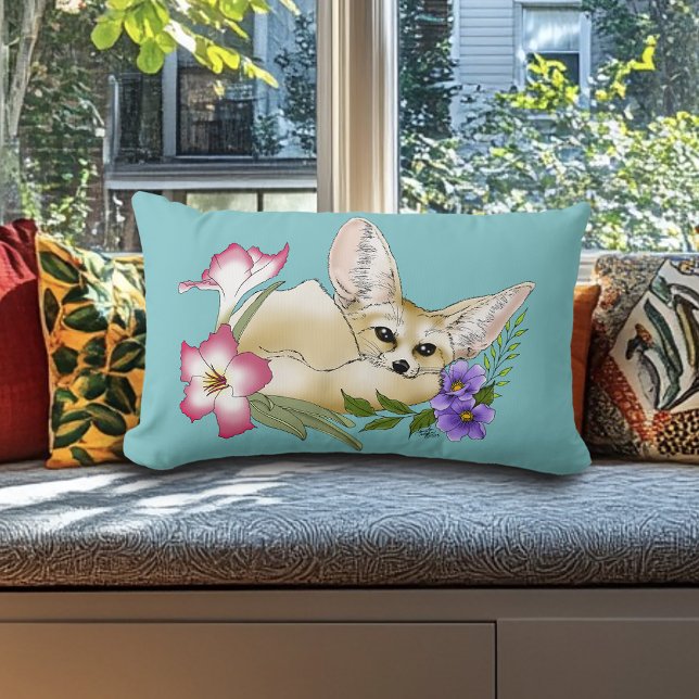 Almofada Lombar Raposa Fennec Flores Rosa Roxo Fofo Botânico Azul (Criador carregado)