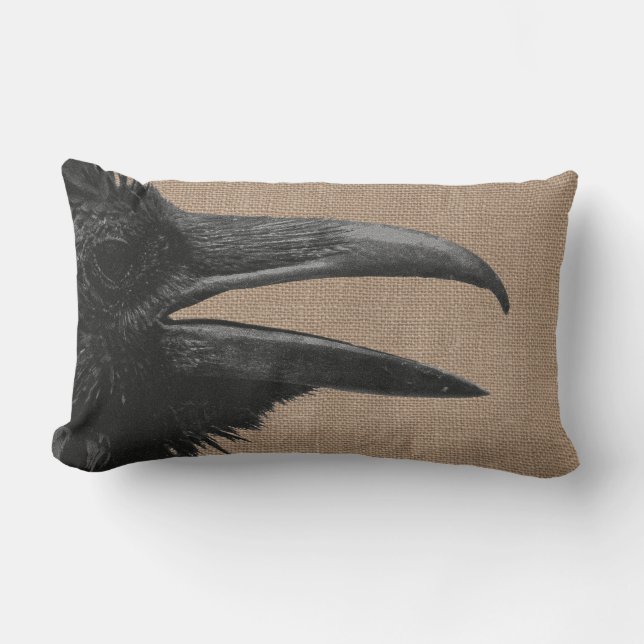 Almofada Lombar Raven Bird & Faux Burlap, gótica (Frente)