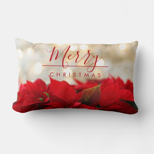 Almofada Lombar Red Poinsettias com Ouro Bokeh Natal (Frente)