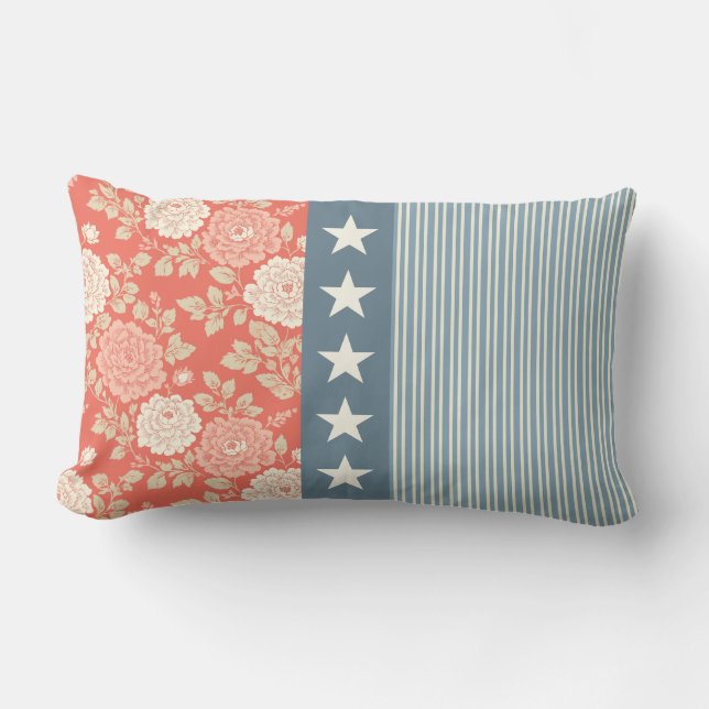 Almofada Lombar Red White Blue Stripe Block Print Stars (Frente)