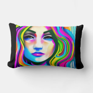 Almofada Lombar Retrato Retro de uma Mulher com Cabelo Arco-íris