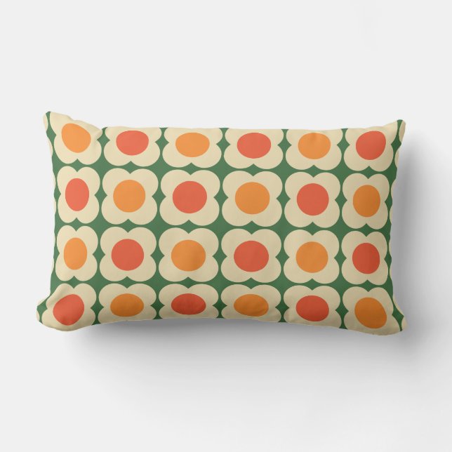 Almofada Lombar Retro 70s Scandi Flowers -Mid mod- Orange on Green (Frente)