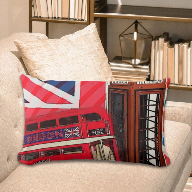 Almofada Lombar Retro Union Jack London Bus, cabina vermelha de te (Retro Union Jack London Bus red telephone booth Lumbar Pillow)