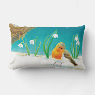Almofada Lombar Robin Bird, neve e quedas de neve Ilustração