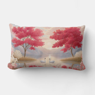 Almofada Lombar Romantic Swan Lake Pink Blossom Trees Elegant