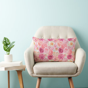 Almofada Lombar Rosa Branco Rosa Bege Magenta Floral Flores