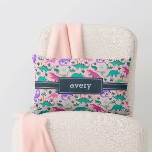 Almofada Lombar Rosa   Nome das Crianças de Padrão de Dinossauro C