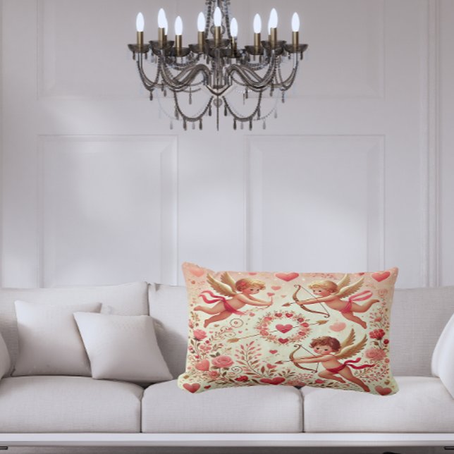 Almofada Lombar Rosa Romântico e Dourado Cupido (Romantic Pink and Gold Cupid Lumbar Pillow – Add a sweet touch of love to your space.)
