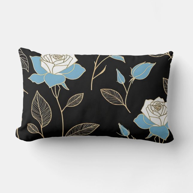 Almofada Lombar Rosas Azuis e Brancas com Dourado caimento (Frente)