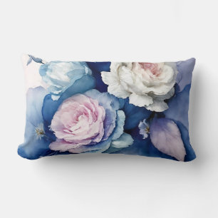 Almofada Lombar Rosas Românticos Azuis e Blush de Aquarela Floral 