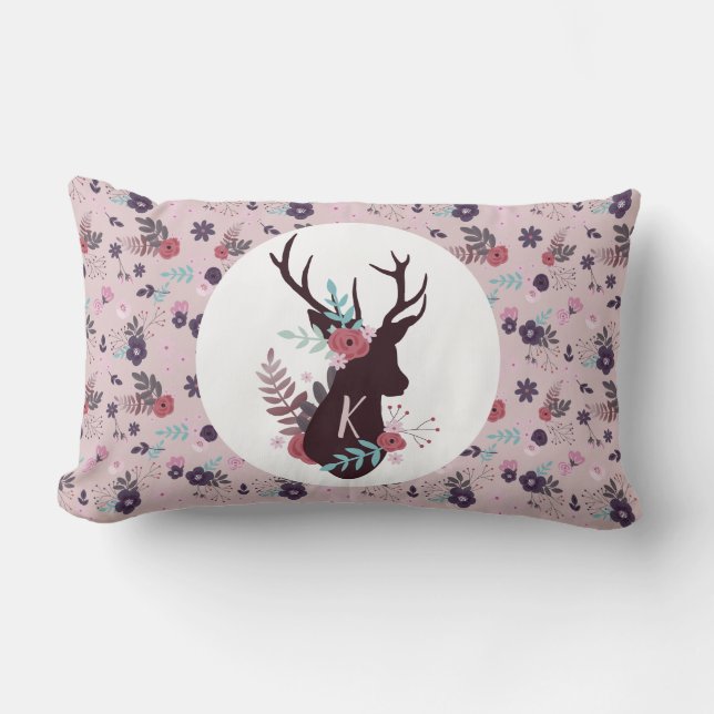 Almofada Lombar Rustic Deer Head Mauve Floral Monograma Inicial (Frente)
