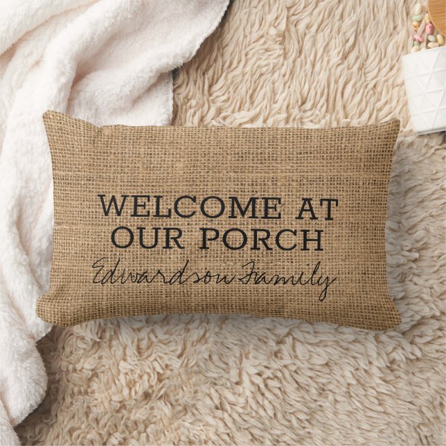 Almofada Lombar Rustic Faux burlap bem-vindo nome da família da va (Cobertor)