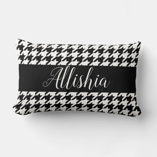Almofada Lombar Script de Letra de Mão e Houndstooth Pretos e Bran (Frente)