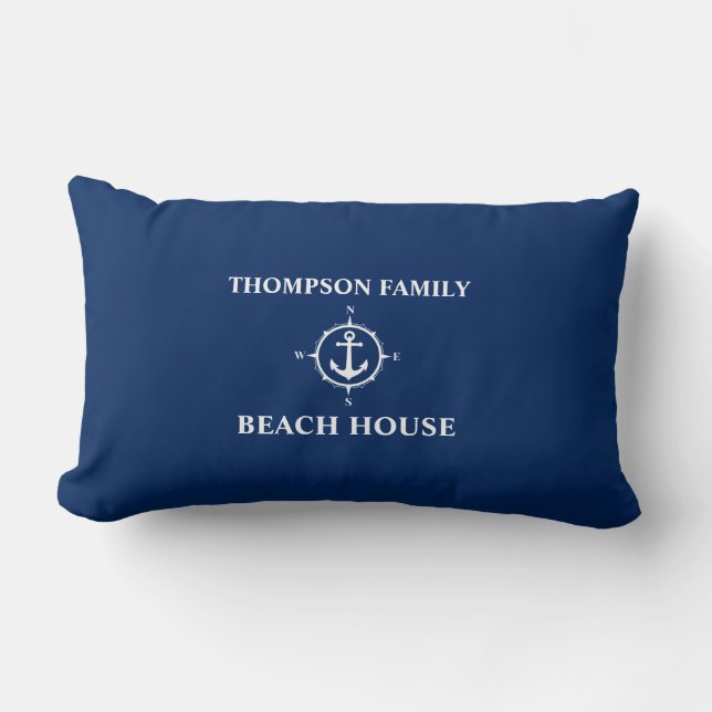 Almofada Lombar Seu nome é Beach House Compass Anchor Blue (Frente)