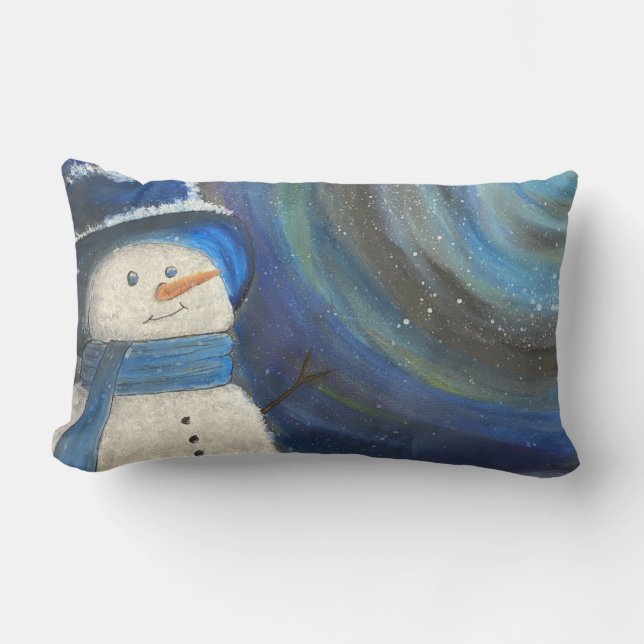 Almofada Lombar Snowy Night Snowman Throw Pillow Original Art (Frente)