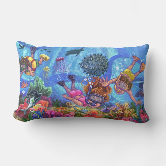 Almofada Lombar Sob o Mar, Snorkeling Kids Art (Frente)