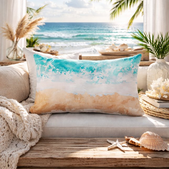 Almofada Lombar Soft Gradient Coastal Sandy Beach Teal Ocean Waves (soft gradient sandy beach waves lumbar pillow)