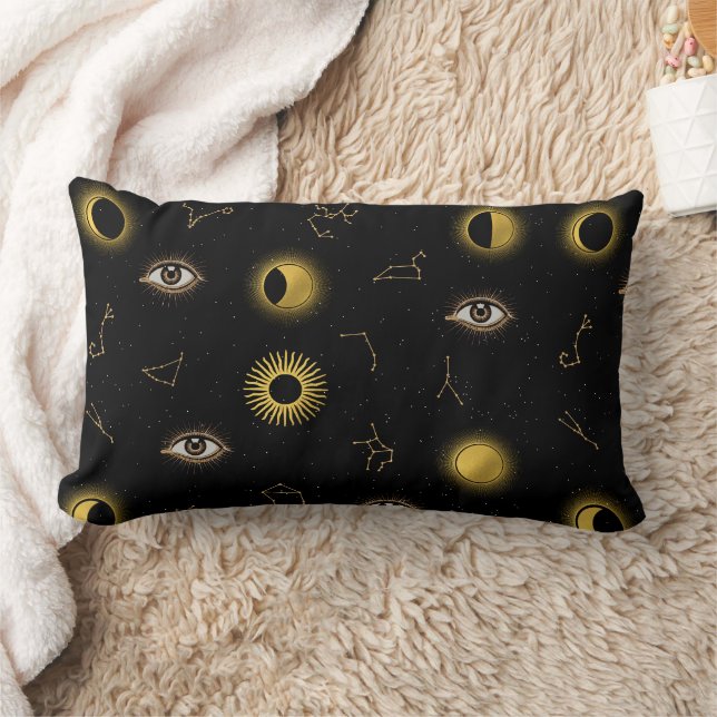 Almofada Lombar Sol Celestial Dourado Negro e Lua (Cobertor)