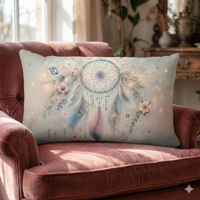 Almofada Lombar Sonhador Etéreo Boho (Ethereal Boho Dreamcatcher Lumbar Pillow Mockup A)
