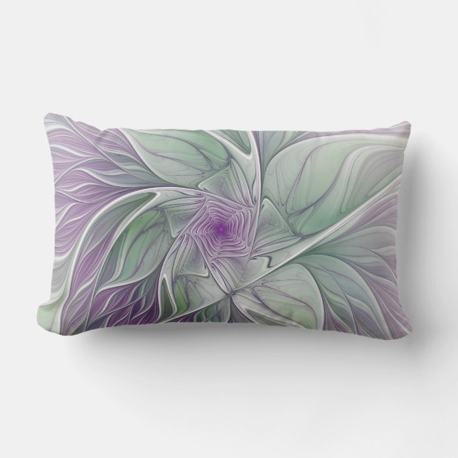 Almofada Lombar Sonho de Flor, Arte Fractal Abstrata Roxa Verde (Frente)