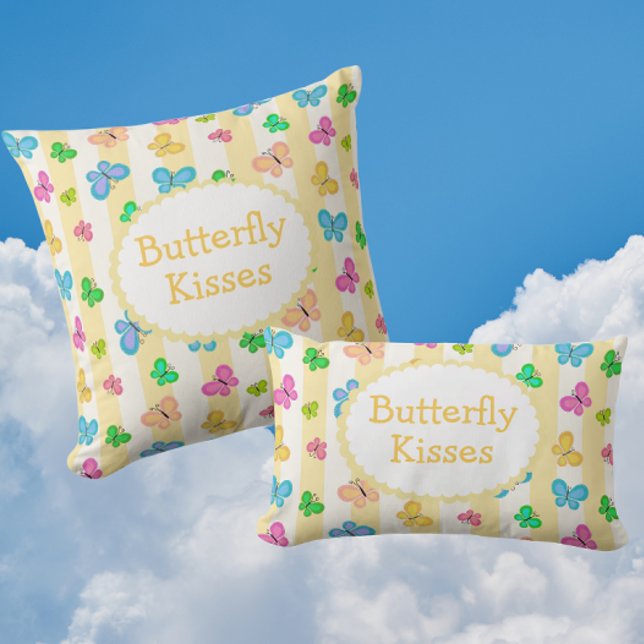 Almofada Lombar Sonhos de Borboleta Amarelo com Faixa Branco Perso (Personalize with a name or message!)
