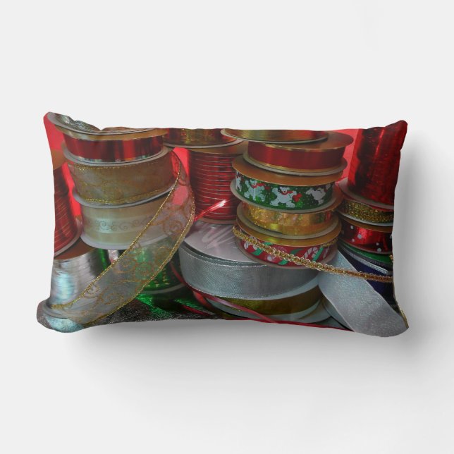 Almofada Lombar Spools de Férias de Natal Vermelho e Dourado (Frente)
