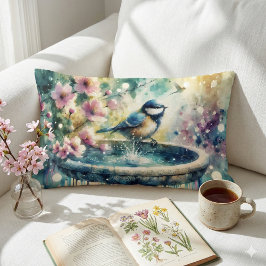 Almofada Lombar Spring Bird Bath Watercolor