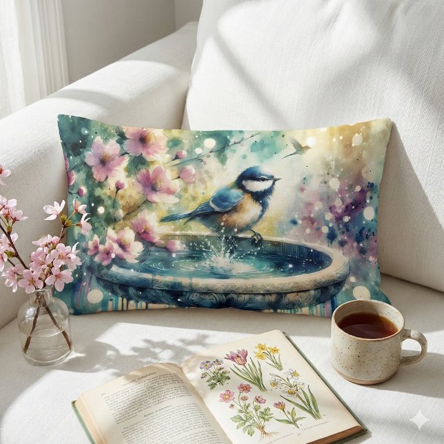Almofada Lombar Spring Bird Bath Watercolor (Spring Bird Bath Watercolor Lumbar Pillow Mockup A)