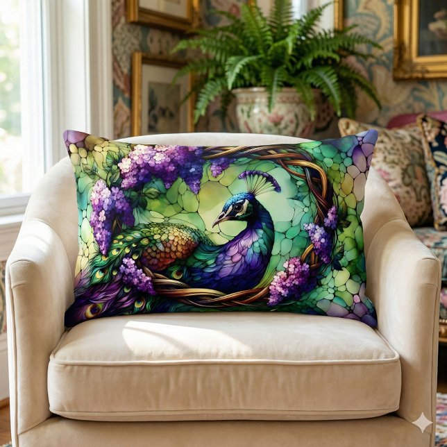 Almofada Lombar Stained Glass Peacock Floral Wreath Art (Stained Glass Peacock Floral Wreath Art Lumbar Pillow Mockup A)