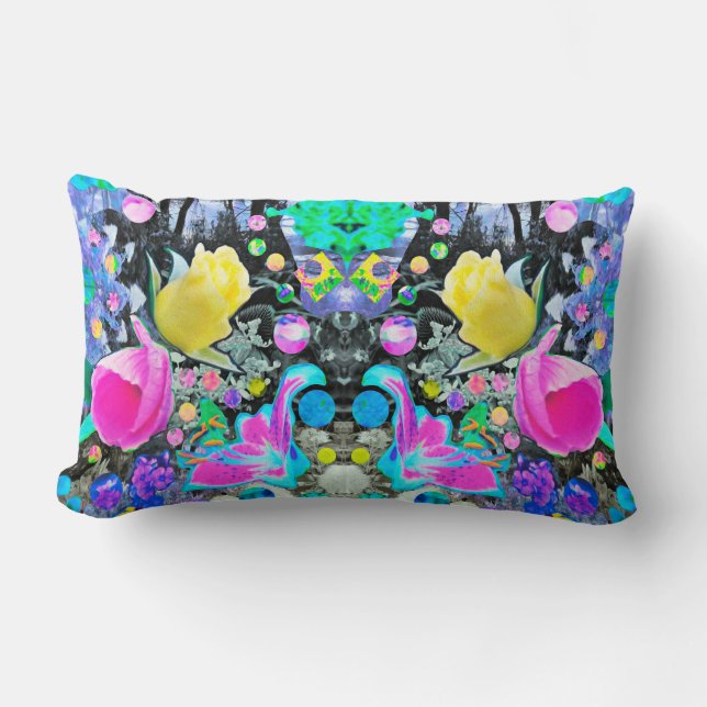 Almofada Lombar Stargazer Lily, Rosa e Colagem de Hibiscus Rosa (Frente)