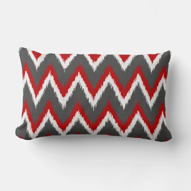 Almofada Lombar Stripes Ikat Chevron - Vermelho, Branco e Cinzas / (Frente)