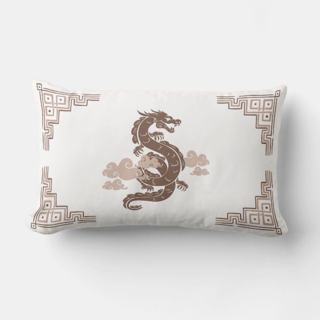 Almofada Lombar Taupe Brown Chinoiserie Dragon e Nuvens (Frente)
