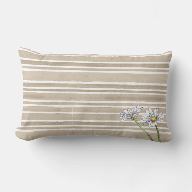 Almofada Lombar Taupe Uneven Striped Floral Watercolor Daisy (Frente)
