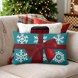 Almofada Lombar Teal Snowflake Monograma Arco Vermelho Travesseiro