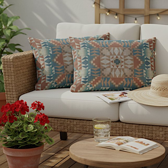 Almofada Lombar Terracotta Red Brown Beige Teal Blue Arte Tribal (Criador carregado)