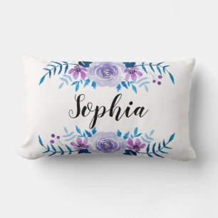 Almofada Lombar Texto Personalizado de Texto Floral Púrpura Azul-C