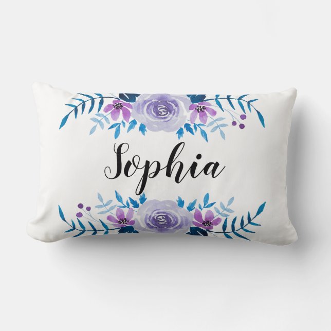 Almofada Lombar Texto Personalizado de Texto Floral Púrpura Azul-C (Frente)