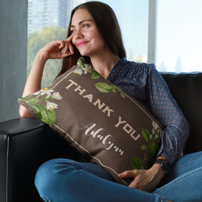 Almofada Lombar Texto Presente Marrom do Nome Personalizado Floral (Criador carregado)