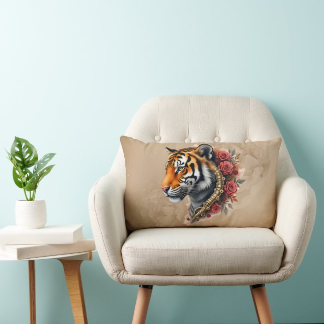 Almofada Lombar Tigre Steampunk com Ilustração de Rosas. (Cadeira)