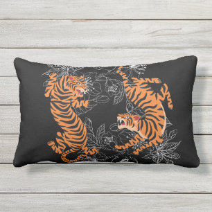 Almofada Lombar Tigres Estilo de Arte Japonês Fundo Negro