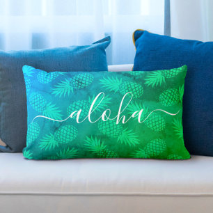 Almofada Lombar Típica "Aloha" e padrão azul de abacaxi verde