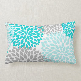 Almofada Lombar travesseiro Cinza Floral Dahlias Mãe Azul Turquois