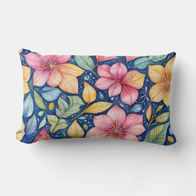 Almofada Lombar Travesseiro Com Fundo Azul Com Folhas E Flor (Frente)