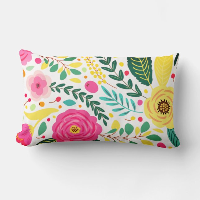 Almofada Lombar Travesseiro decorativo Floral Verde Amarelo e Rosa (Frente)