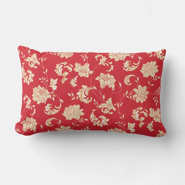 Almofada Lombar Travesseiro decorativo Floral Vermelho e Dourado (Frente)