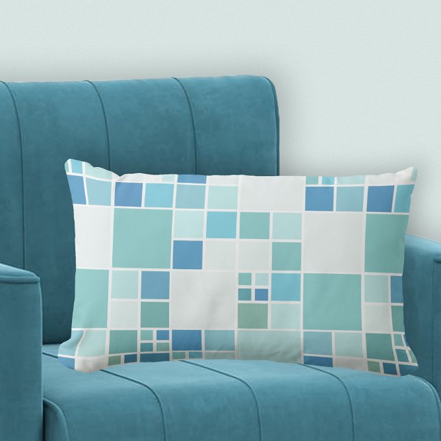 Almofada Lombar Travesseiro moderno de padrão de turquesa de chá (A pillow with a geometric tile design in blue, teal, turquoise and green - beach house - modern)