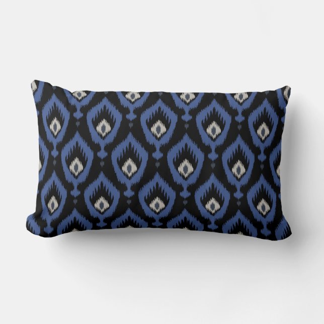 Almofada Lombar travesseiro preto de ikat cinza azul-chic (Frente)