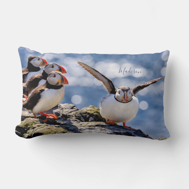 Almofada Lombar travesseiros decorativos Puffin de nome personaliz (Frente)
